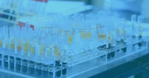 Image of formula and data floating on a mid section view of a laboratory worker 스톡 사진