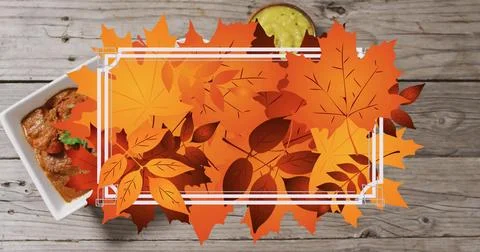 Image of frame with fall leaves over bowls with dips Stock Illustration