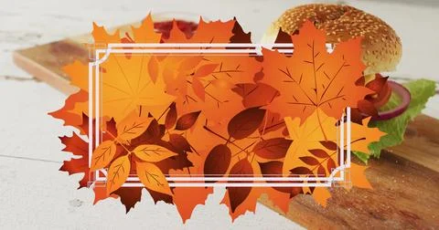 Image of frame with fall leaves over hamburger Ilustração Stock