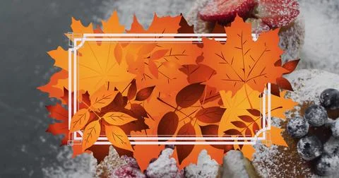 Image of frame with fall leaves over pancakes Stock Illustration