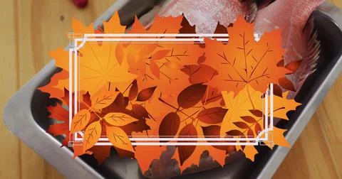 Image of frame with fall leaves over fish Ilustração Stock