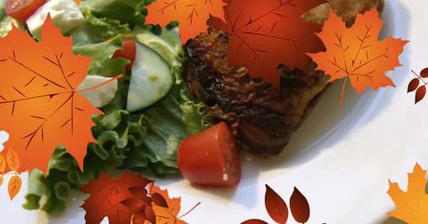 Image of frame with fall leaves over meat with salad Ilustração Stock