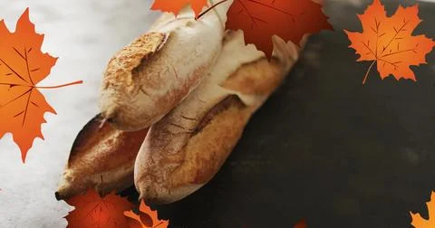 Image of frame with fall leaves over baguettes Stock Illustration