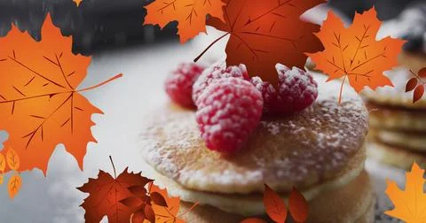 Image of frame with fall leaves over pancakes Stock Illustration