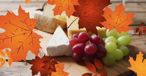 Image of frame with fall leaves over cheese Ilustração Stock