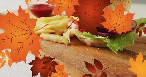 Image of frame with fall leaves over hamburger Ilustração Stock