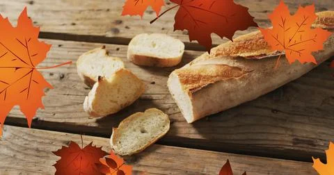 Image of frame with fall leaves over baguette Stock Illustration