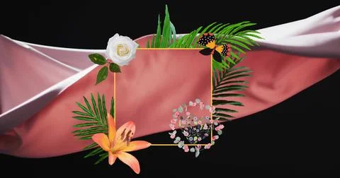 Image of frame with flowers over floating cloth on black background Ilustração Stock