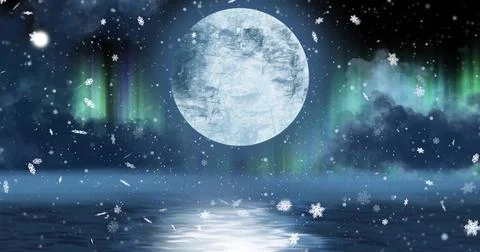 Image of full moon, snow falling and aurora borealis in christmas winter scenery Stock Illustration