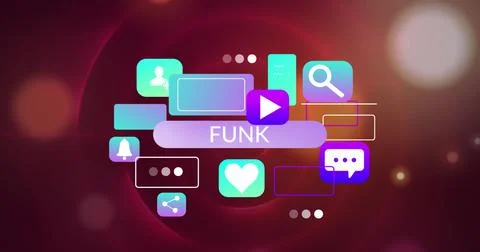 Image of funk text in rectangle and computer application icons against lens Foto stock