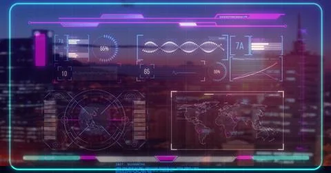 Image of futuristic digital interface showing data and world map over cityscape Stock Photos