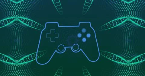 Image of game controller over abstract patterns against blue background Stock Illustration