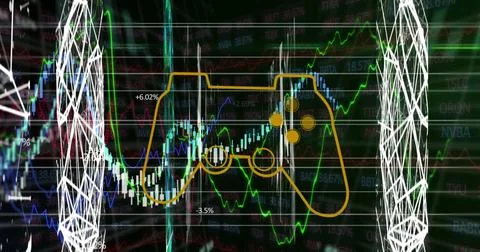 Image of game controller over multiple graphs and connected dots forming ge.. Stock Illustration