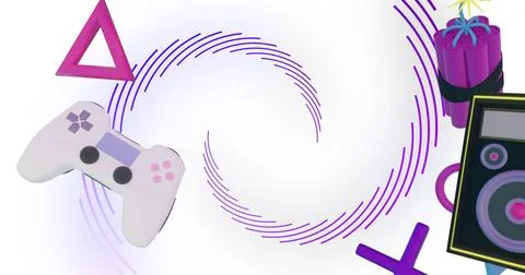 Image of game controllers, equipment and icons over purple spiral lines イラスト素材