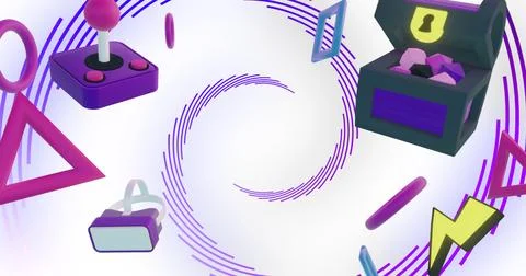 Image of game controllers, equipment and icons over purple spiral lines Illustrazione stock