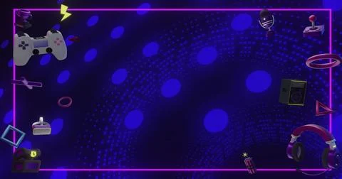 Image of game controllers, icons and pink frame over flashing coils of blue Stock Illustration