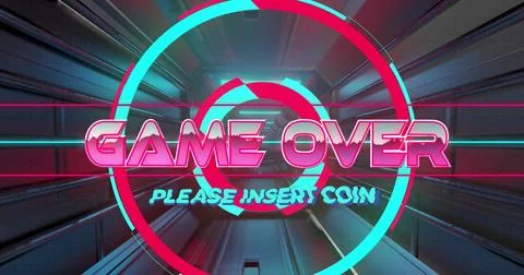 Image of game over and please insert coin text over looping futuristic tunnel 스톡 사진