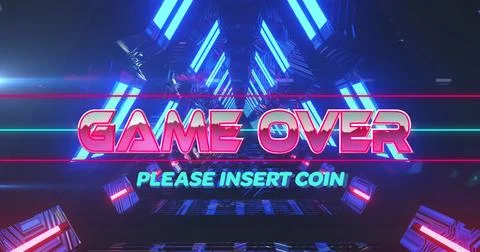 Image of game over and please insert coin text in illuminated triangular tunn 스톡 사진
