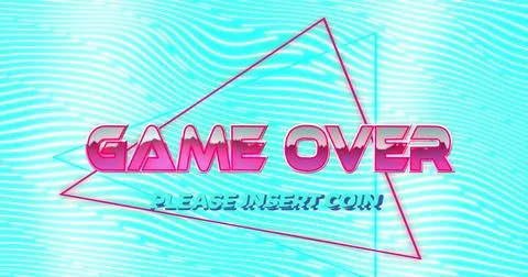 Image of game over and triangle over blue and white wavy background 스톡 사진