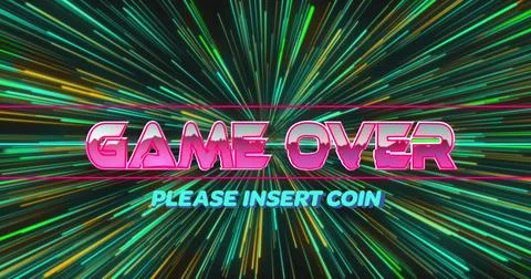 Image of game over metallic text over neon pattern and light trails Stock Photos