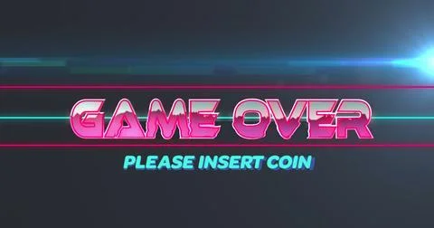 Image of game over please insert coin against blue light spot against grey 스톡 사진