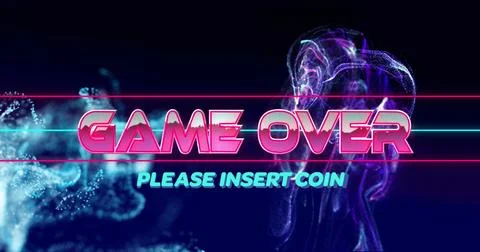 Image of game over text banner over blue light digital waves against purple Stock Photos