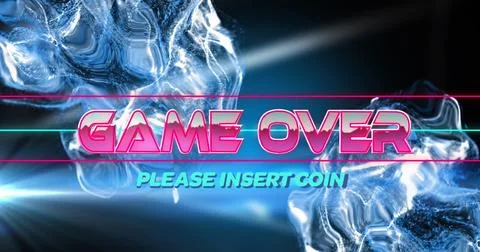 Image of game over text banner over blue light spot and digital waves against Stock Photos