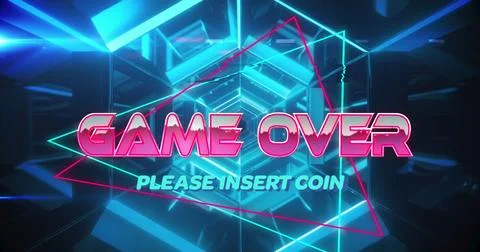 Image of game over text banner against neon hexagonal tunnel in seamless pattern Stock Photos
