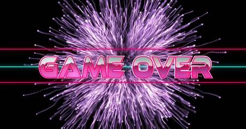 Image of game over text in metallic pink letters with triangles over purple Stock Photos