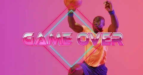 Image of game over text over neon pattern and african american basketball player Stock Illustration
