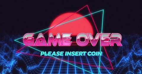 Image of game over text over digital waves and sun on black background Illustrazione stock