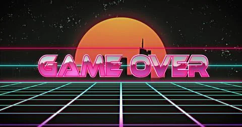Image of game over text over digital city and sun on black background Stock Illustration