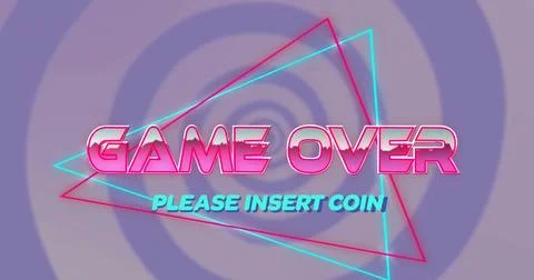 Image of game over text over neon triangles and pattern background 스톡 일러스트