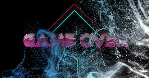 Image of game over text over glowing moving wave and geometrical shapes Illustrazione stock