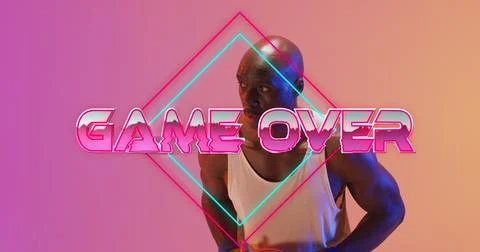 Image of game over text over neon pattern and african american basketball player Stock Photos