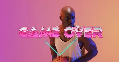Image of game over text over neon pattern and african american basketball player Stock Photos