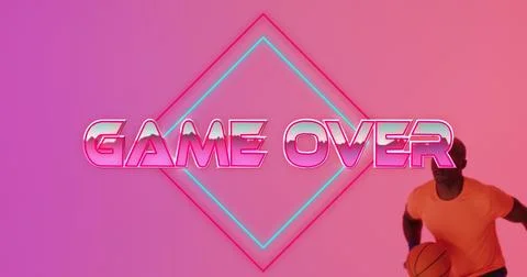Image of game over text over neon pattern and african american basketball player Stock Photos