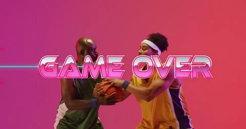 Image of game over text over neon pattern and divers basketball players Stock Photos