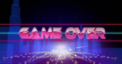 Image of game over text over icons and digital city on black background Fotos Stock