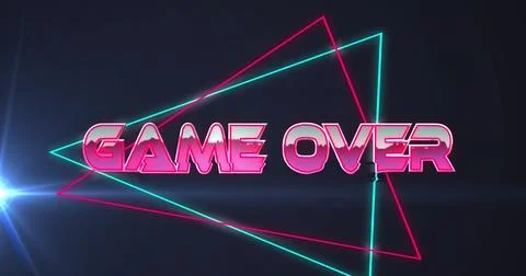 Image of game over text on triangles and lens flares against black background 스톡 사진
