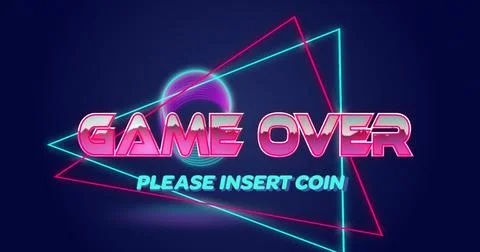 Image of game over text on triangular banner over spiral shape spinning on blue Stock Photos