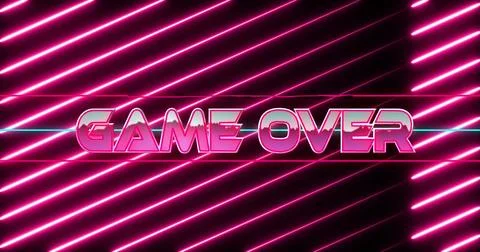 Image of game over text in white letters over purple moving red light trails Foto stock