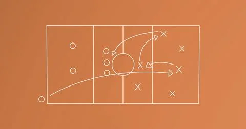 Image of game plan with arrows, circles and x symbol on sports court Stock Photos