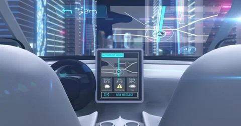 Image game simulation screen showing car cockpit driving through city streets Stock Illustration