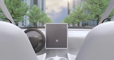 Image game simulation screen showing car cockpit driving through city streets Stock Illustration