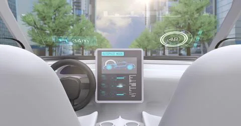 Image game simulation screen showing car cockpit driving through city streets Stock Illustration