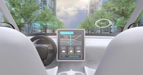 Image game simulation screen showing car cockpit driving through city streets Stock Illustration