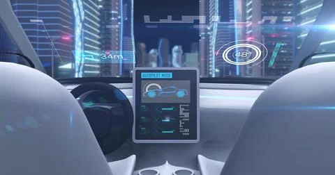 Image game simulation screen showing car cockpit driving through city streets Stock Illustration