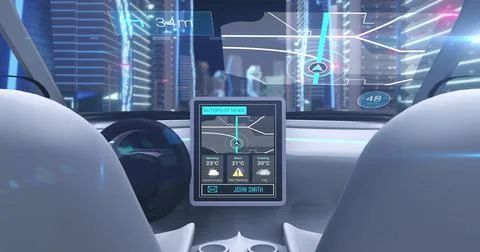 Image game simulation screen showing car cockpit driving through city streets Stock Illustration