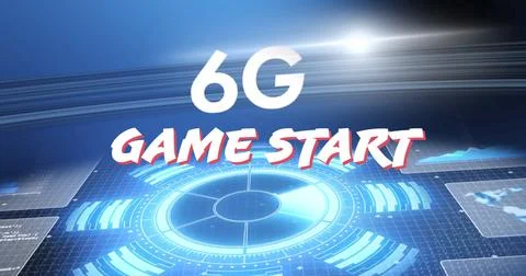 Image of game start 6g in digital abstract space with screens Illustrazione stock